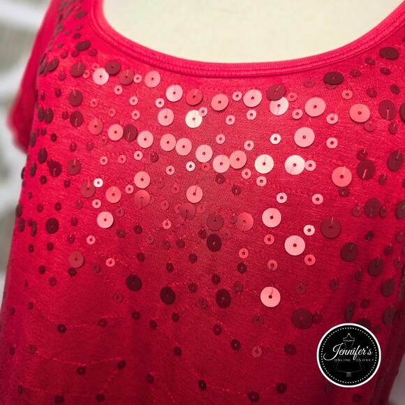 Relativity Red Sequin Scoop Neck Short Sleeve Knit Top Size PL - Picture 4 of 10